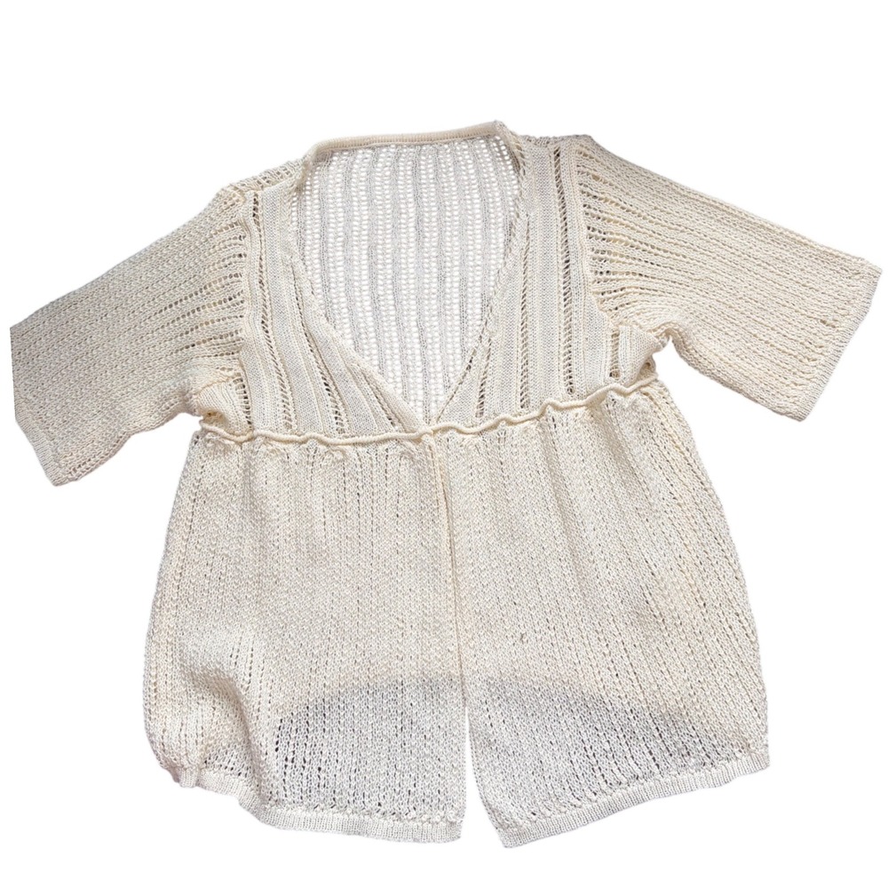 Babydoll Cottagecore Cream Open Knit  Cardigan Short Sleeve Pointelle XL